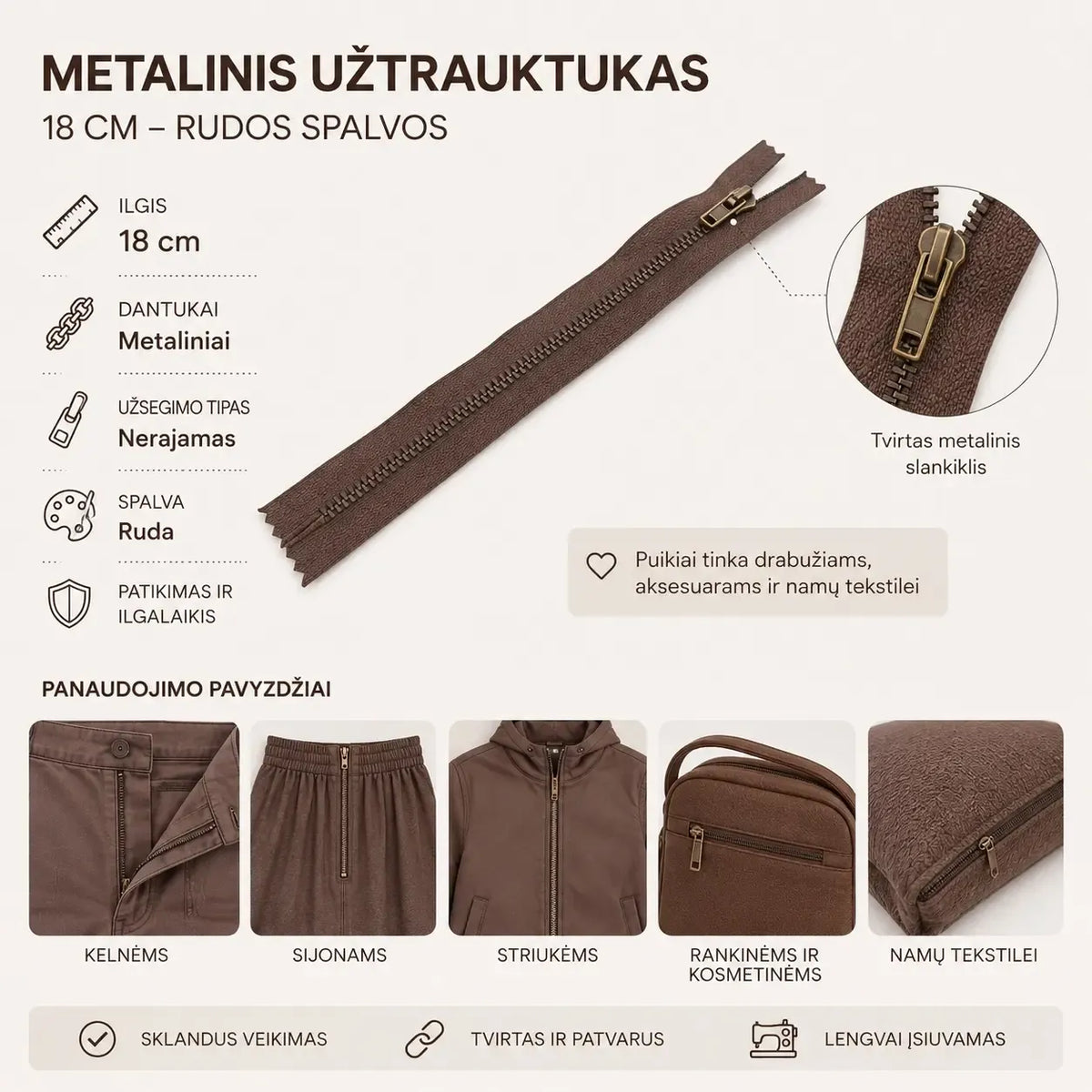 Tamsiai rudas 18 cm metalinis užtrauktukas, iš arti, matomi dantys ir metalinė įdėklų struktūra.