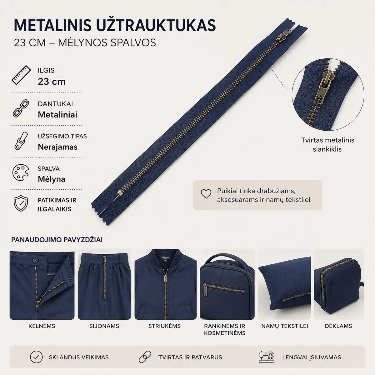 Mėlynas metalinis užtrauktukas, 24 cm ilgio, aukštos kokybės užsegimui ir siuvimo darbams.