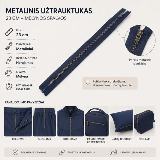 Mėlynas metalinis užtrauktukas, 24 cm ilgio, aukštos kokybės užsegimui ir siuvimo darbams.