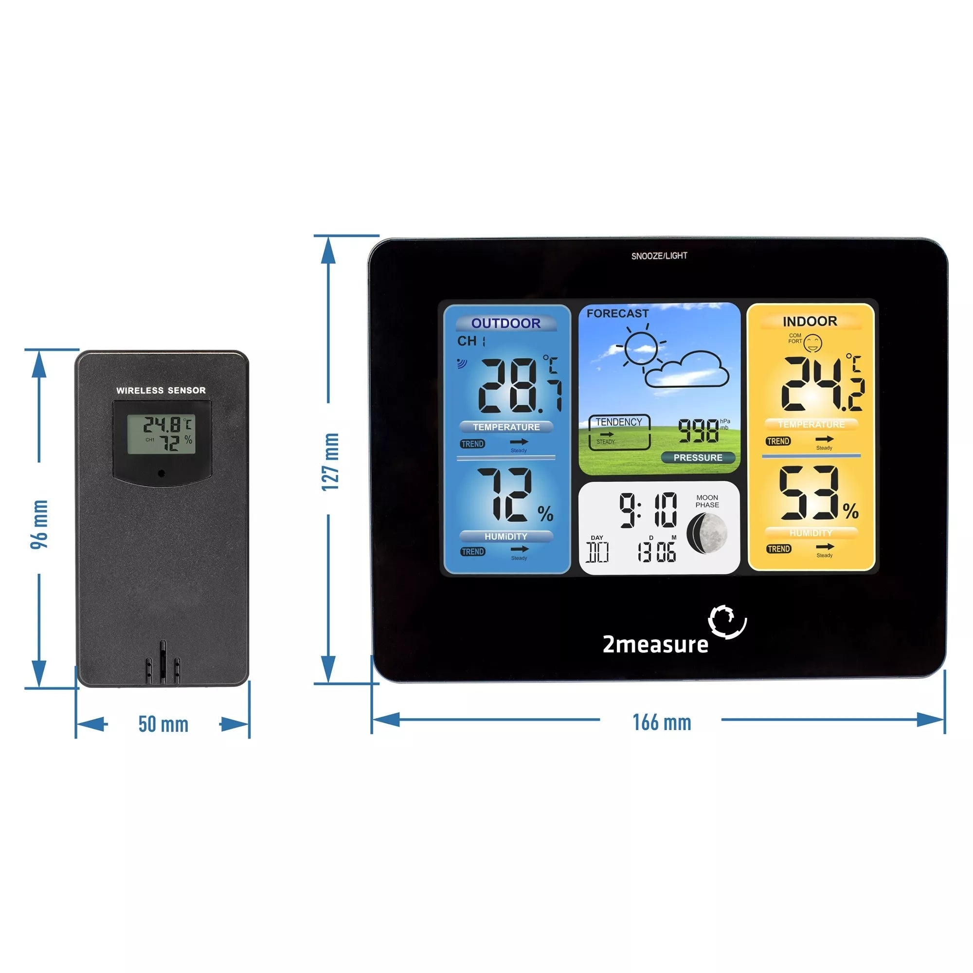Meteorologinė stotis RCC – Elektroninė, bevielė, jutiklinė, juoda