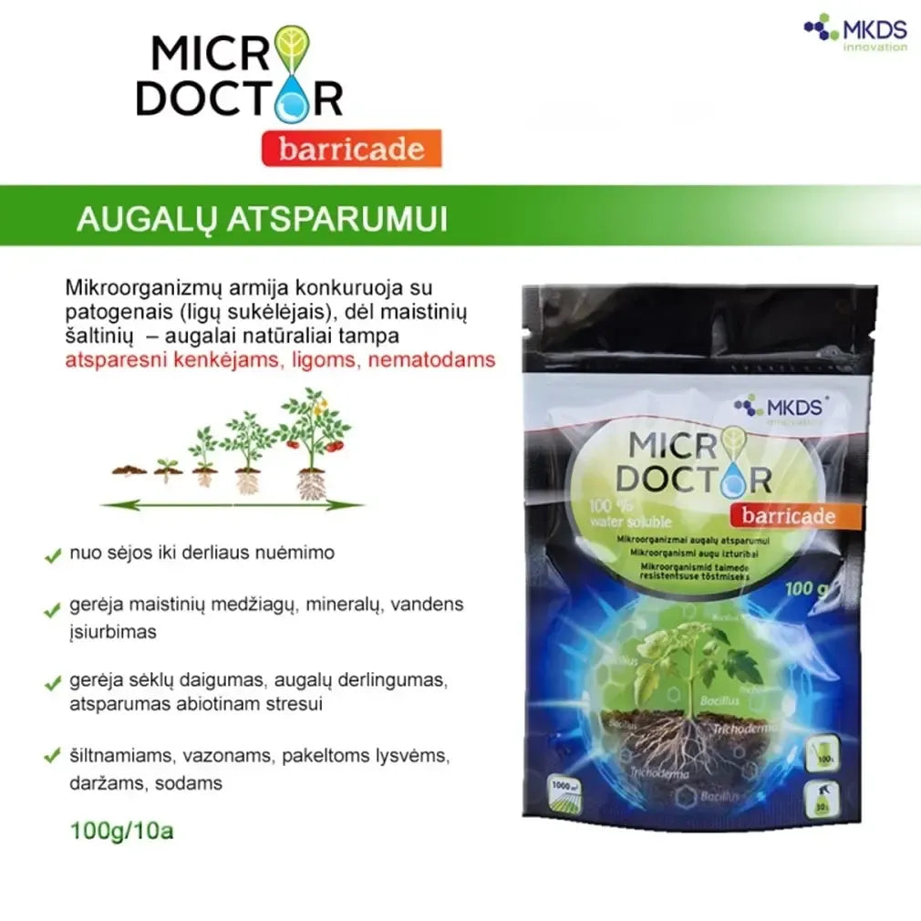 Microdoctor Barricade mikroorganizmai, 100 g, natūralus augalų atsparumo didinimo produktas su mikroorganizmų mišiniu.