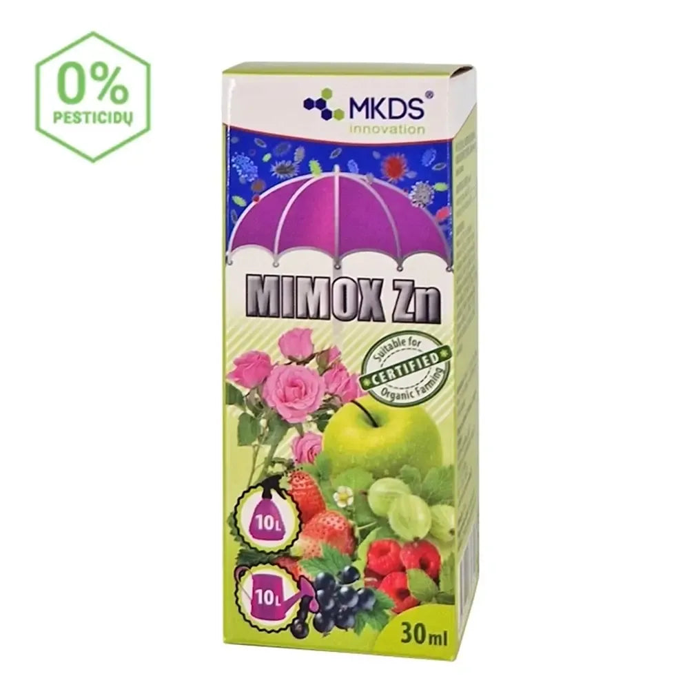 Skysto trąšų Mimox Zn buteliukas, 30 ml, su matavimo žymėmis, skirtas augalų žydėjimui ir stiprumui gerinti.