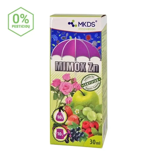 Skysto trąšų Mimox Zn buteliukas, 30 ml, su matavimo žymėmis, skirtas augalų žydėjimui ir stiprumui gerinti.