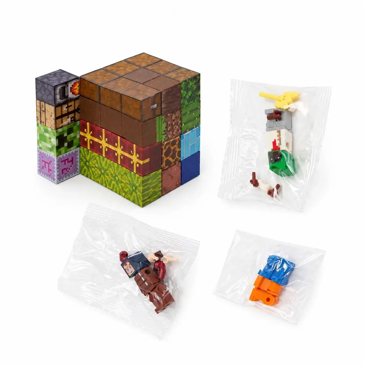 Magnetinis Minecraft konstruktorius su spalvingomis detalėmis, skirtas kūrybiniam žaidimui ir modelių dėliojimui.