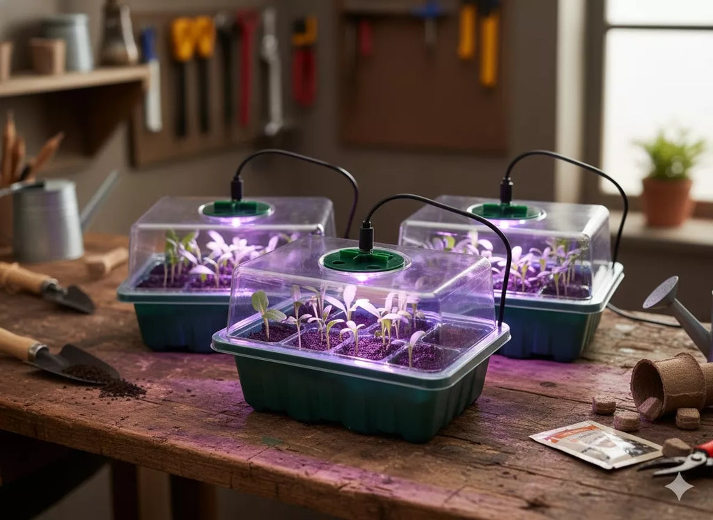 Mini šiltnamių rinkinys daiginimui su LED apšvietimu – 3 vnt.