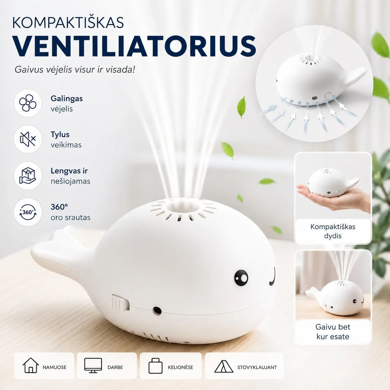 Mini ventiliatorius su skraidančiu kamuoliuku (baltas)