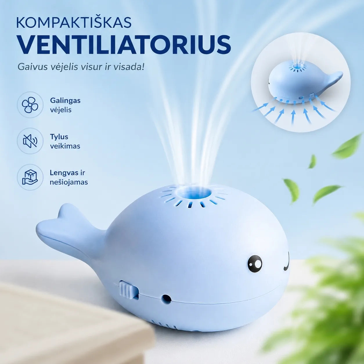 Mini ventiliatorius su skraidančiu kamuoliuku (mėlynas)