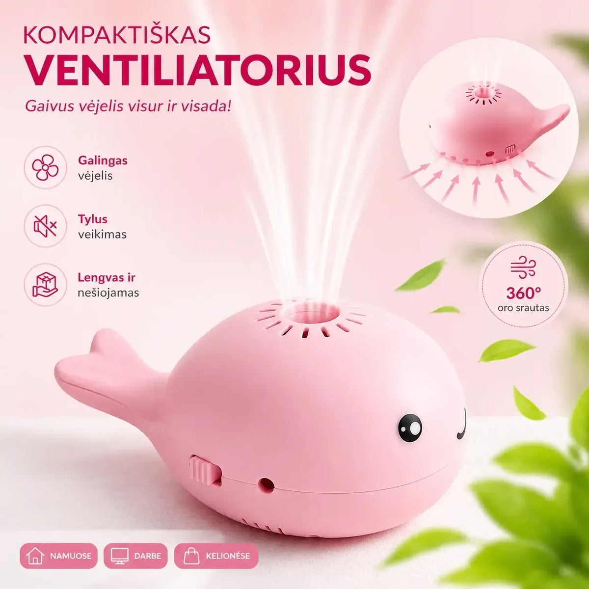Rožinis mini ventiliatorius Banginis su skraidančiu kamuoliuku, kompaktiškas ir žaismingas vasaros priedas.