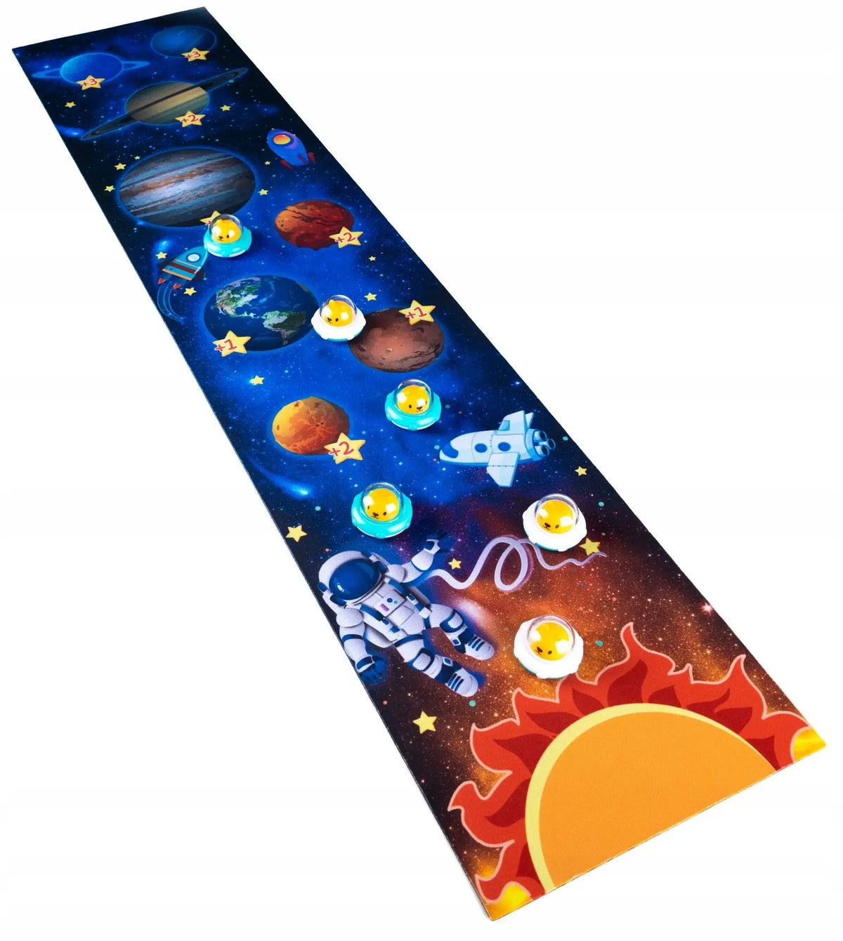 Miniatiūrinis kerlingo takelis su Saulės sistemos tema, detalūs žvaigždžių ir planetų vaizdai, mažas ir žaismingas modelis.