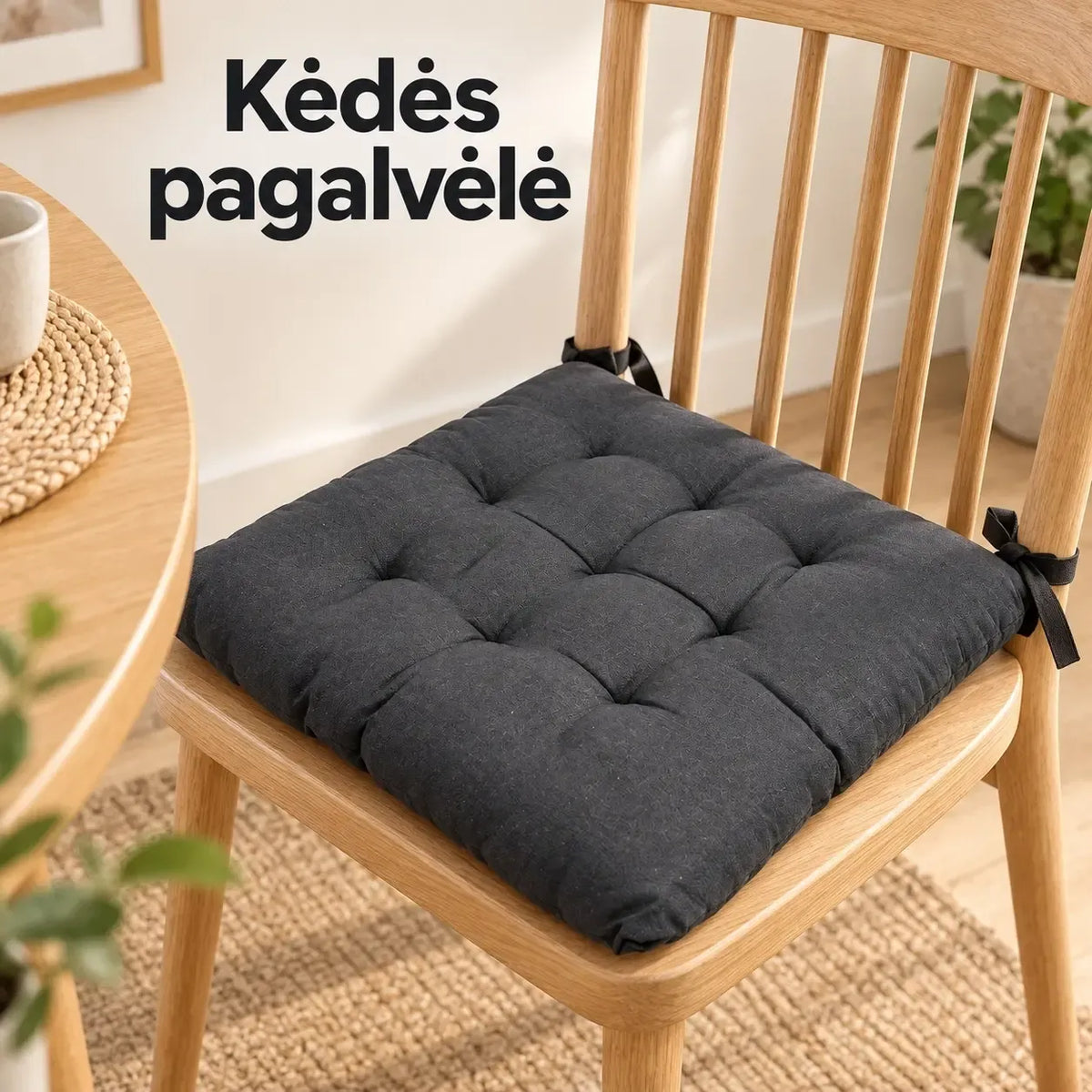 Juoda minkšta kėdės pagalvėlė su raišteliais, 36 × 36 × 6 cm, patogiai papildanti kėdės komfortą ir stilių