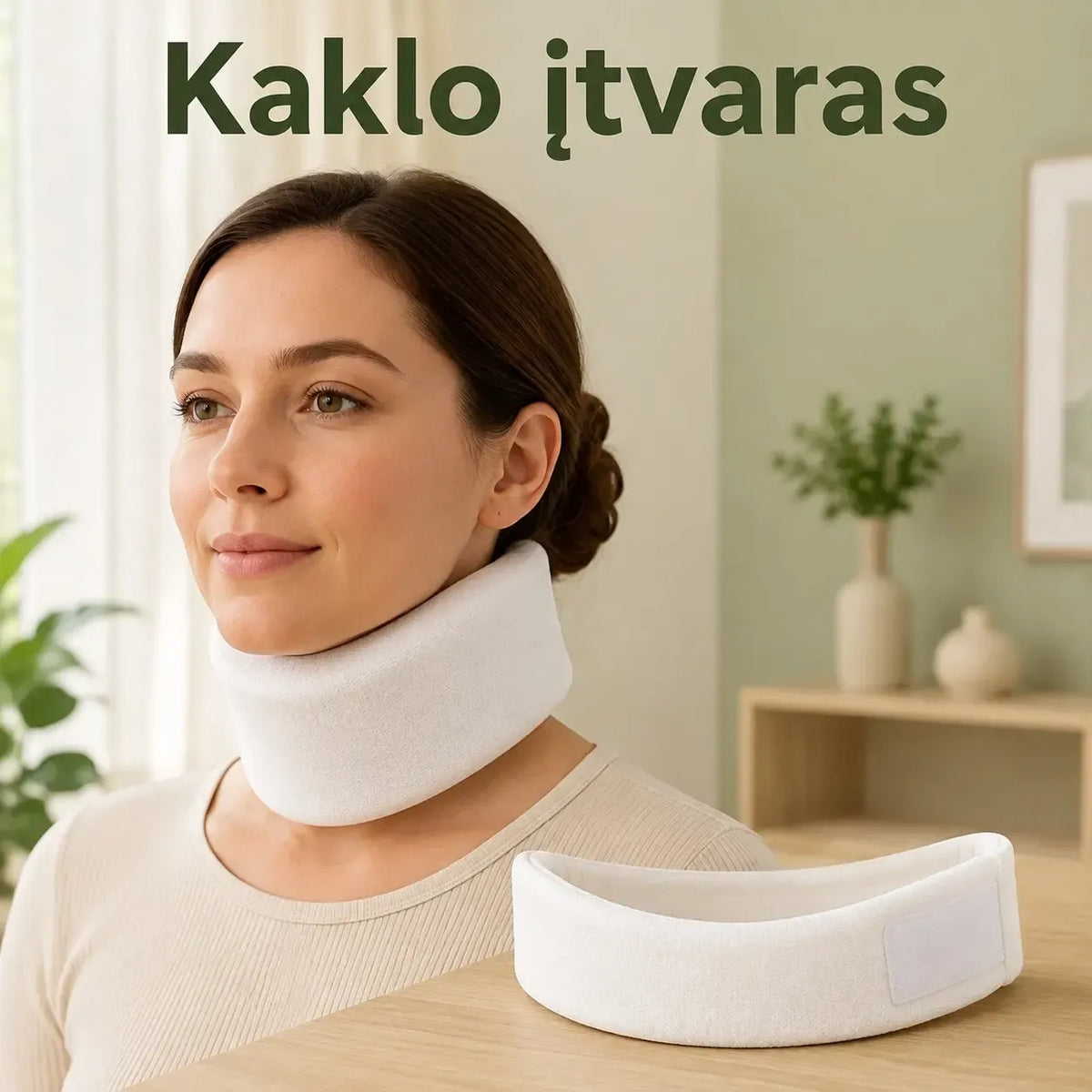 Minkštas kaklo įtvaras, pagamintas iš komfortiško audinio, skirtas kaklo paramai ir atsipalaidavimui.