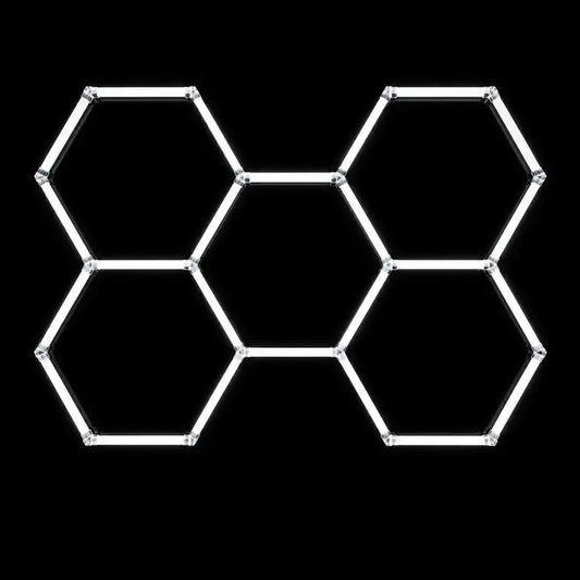Modulinis lubinis LED šviestuvas Hexagon, 180 W, 301 × 208 cm, modernus ir baltas, skaidrus dizainas.