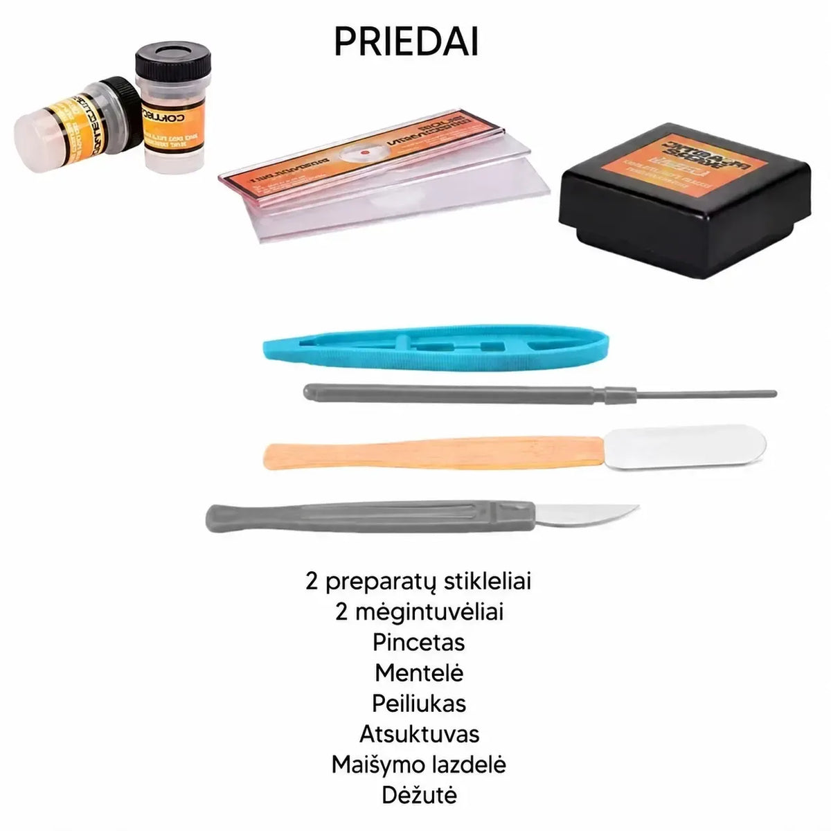 Vaikų mokomasis mikroskopas su priedais, skirtas tyrinėti mažus objektus ir mokytis biologijos naudotojo paveikslėlyje.