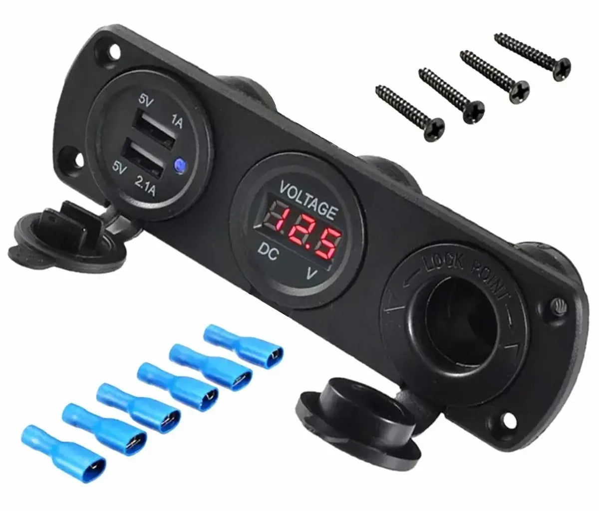 Montuojamas 12 V maitinimo lizdų skydelis su 2 USB jungtimis ir voltmetru Daisyway