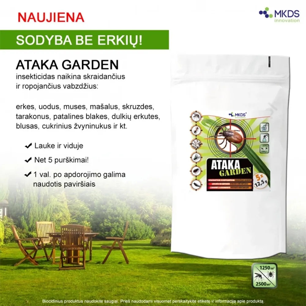 Insekticido Ataka Garden pakelis nuo erkių ir uodų, 5x12,5 g, vaizdas su produkto pakuote ir instrukcijomis