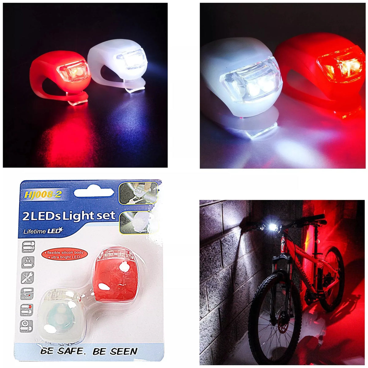 Dviračio žibintų komplektas su 2 LED apšvietimo žibintais, skirti saugiam važiavimui naktį ar prietemoje.