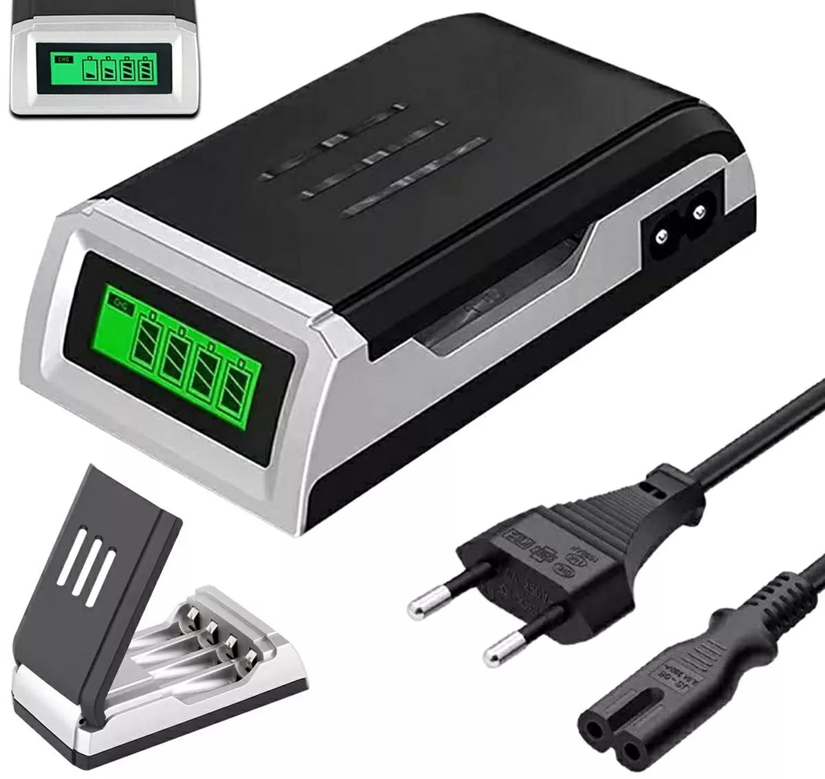 Išmanus AA ir AAA baterijų įkroviklis su LCD ekranu, rodančiu įkrovimo būseną ir žingsnius.