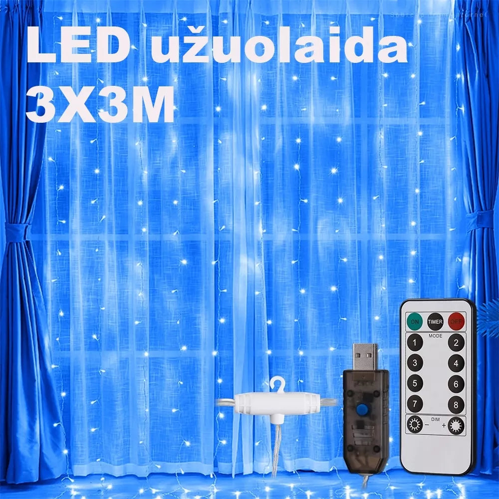 Mėlyna LED USB užuolaida girlianda, 3x3 m, apšviečia ir kuria atmosferą patalpoje.
