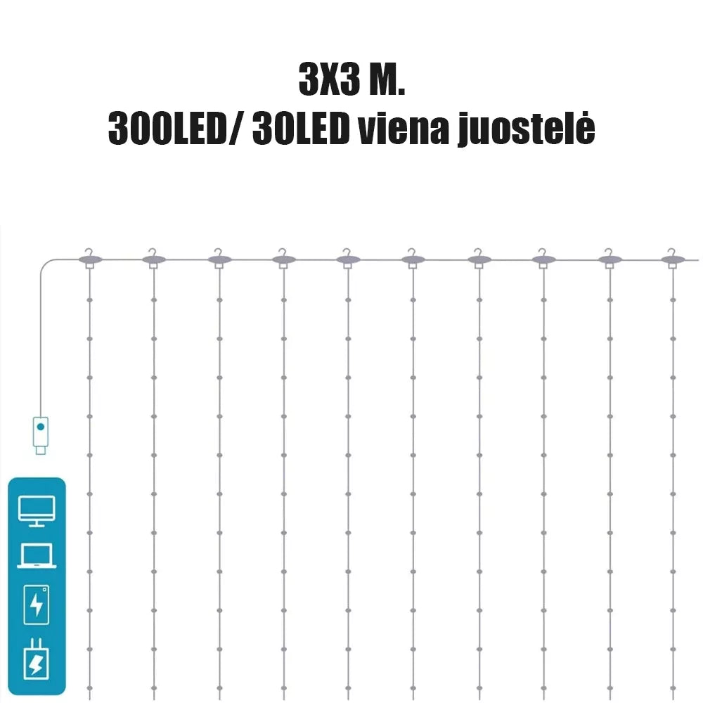 Mėlyna LED USB užuolaida girlianda, 3x3 m, šviečianti apšvietimo dekoracija interjerui ir šventėms.