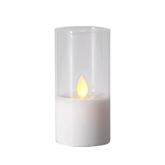 LED žvakė su tikro stiklo gaubtu, 10 cm ilgio, šviesi ir dekoratyvi, su šiltu apšvietimu.
