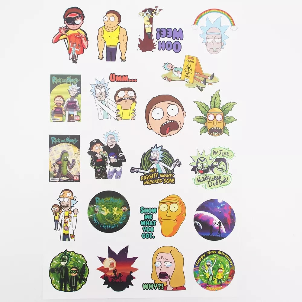 Lipdukų rinkinys „Rick and Morty“ su įvairiais Rick ir Morty vaizdais, spalvingas ir detalių pilnas lipdukas.