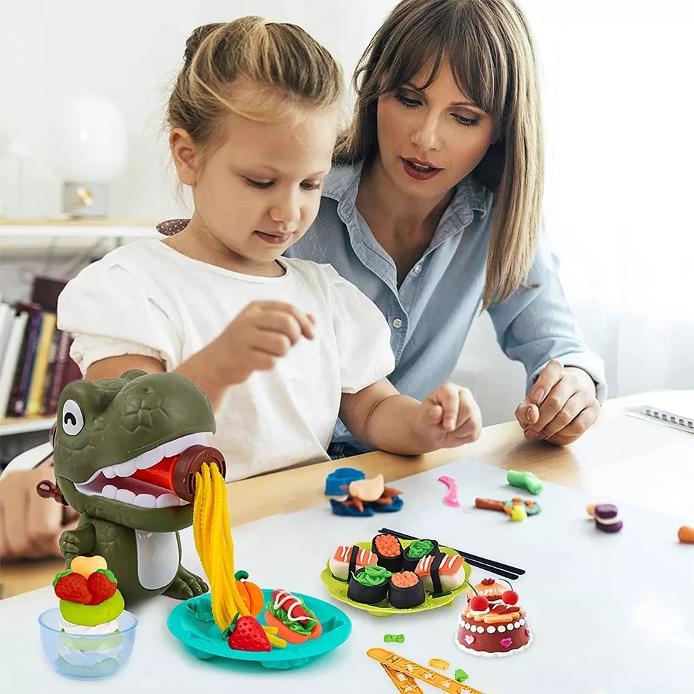 Modelino Dino rinkinys su įvairiomis dalimis, skirtas kūrybingam žaidimui ir modeliavimui.