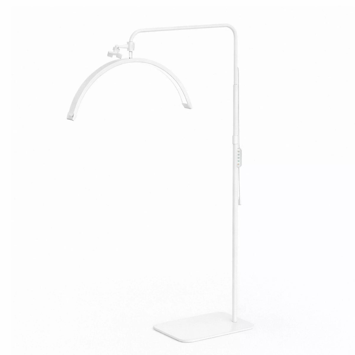 Balta pusmėnulio formos kosmetinė lempa, skirta veido ir makiažo apšvietimui, su reguliuojamu apšvietimu.