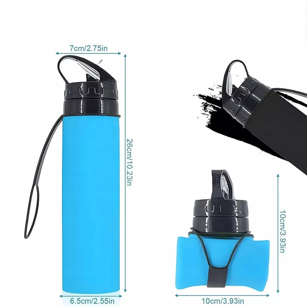 Silikoninė sulankstoma gertuvė 600 ml, mėlynos spalvos, su lankstu ir dangteliu, skirta gėrimams vežtis ir naudoti.
