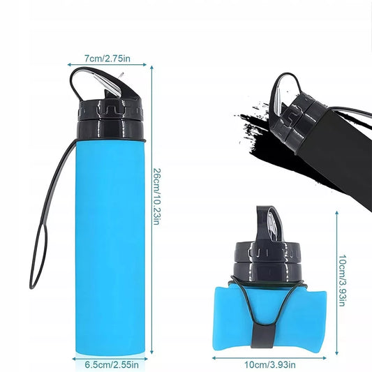 Silikoninė sulankstoma gertuvė 600 ml, mėlynos spalvos, su lankstu ir dangteliu, skirta gėrimams vežtis ir naudoti.