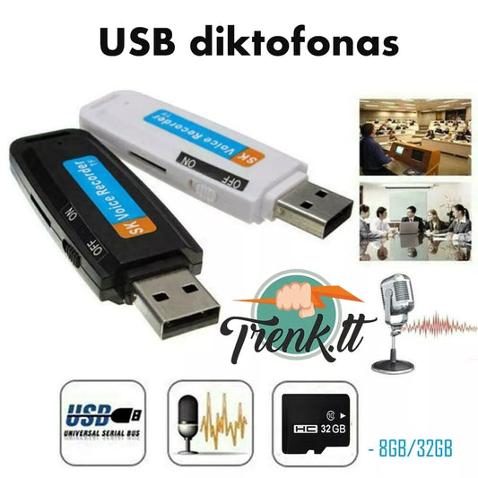 Slaptas USB diktofonas su atminties kortelės palaikymu, kompaktiškas ir diskretiškas garso įrašymo įrenginys.