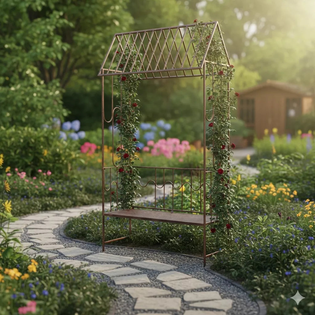 Dārza pergola ar nelielu solīnīti, antīkā brūnā krāsā, metāla
