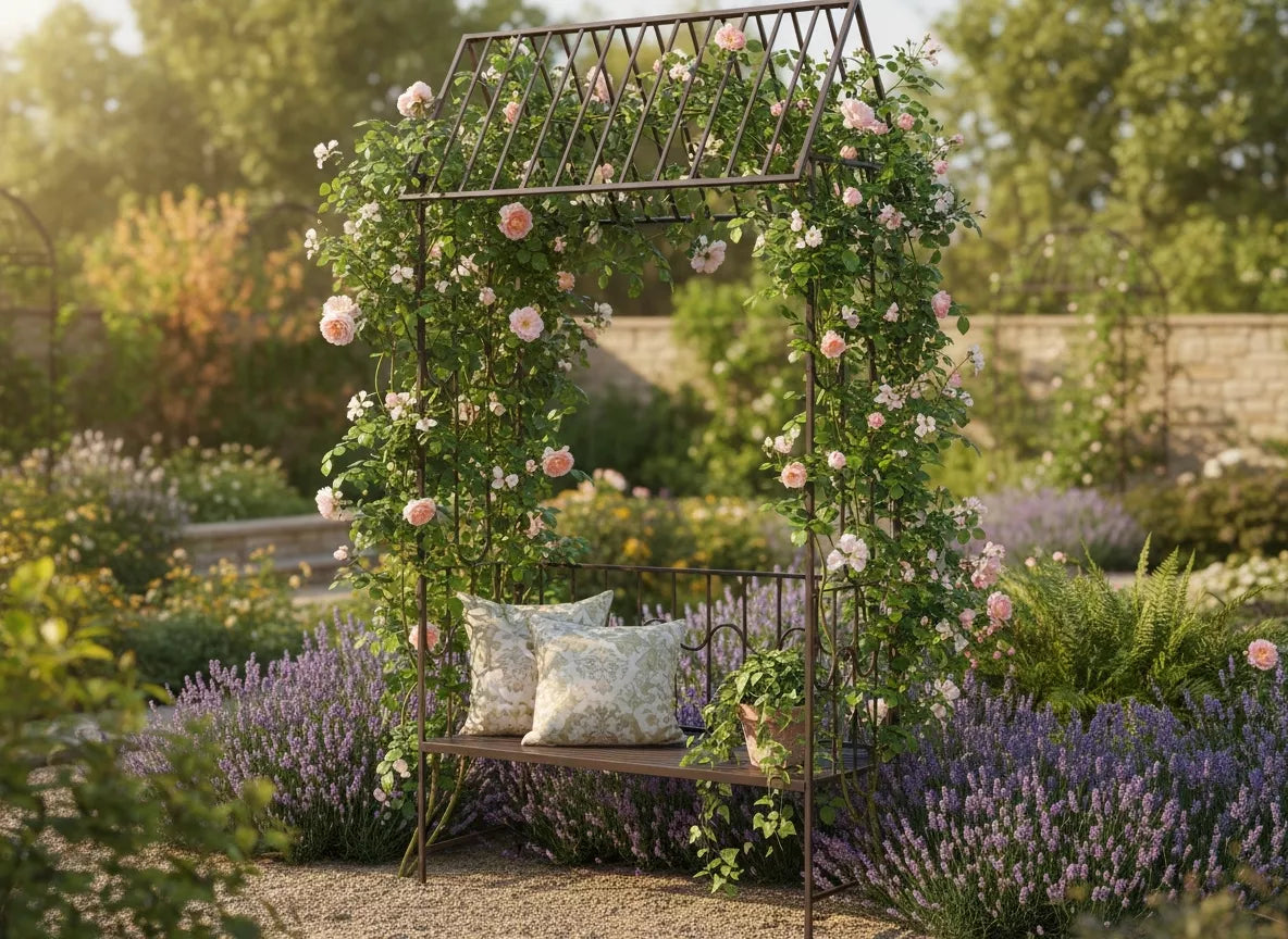 Dārza pergola ar nelielu solīnīti, antīkā brūnā krāsā, metāla