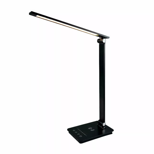 Stalinė LED lempa su belaidžiu įkrovikliu ir USB jungtimi, šviesos šaltinis ir patogus įkrovimo sprendimas.