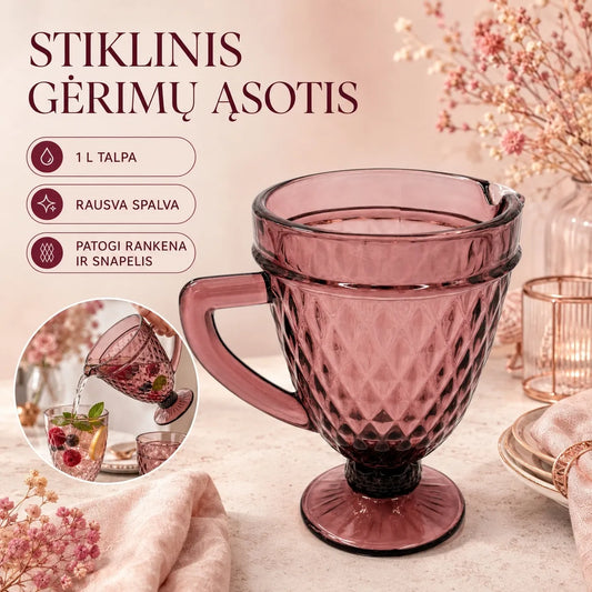 Stiklinis ąsotis „Purple“ su rankena ir dangčiu, skaidrus ir violetinės spalvos, namų virtuvės ir serviravimo reikmenys