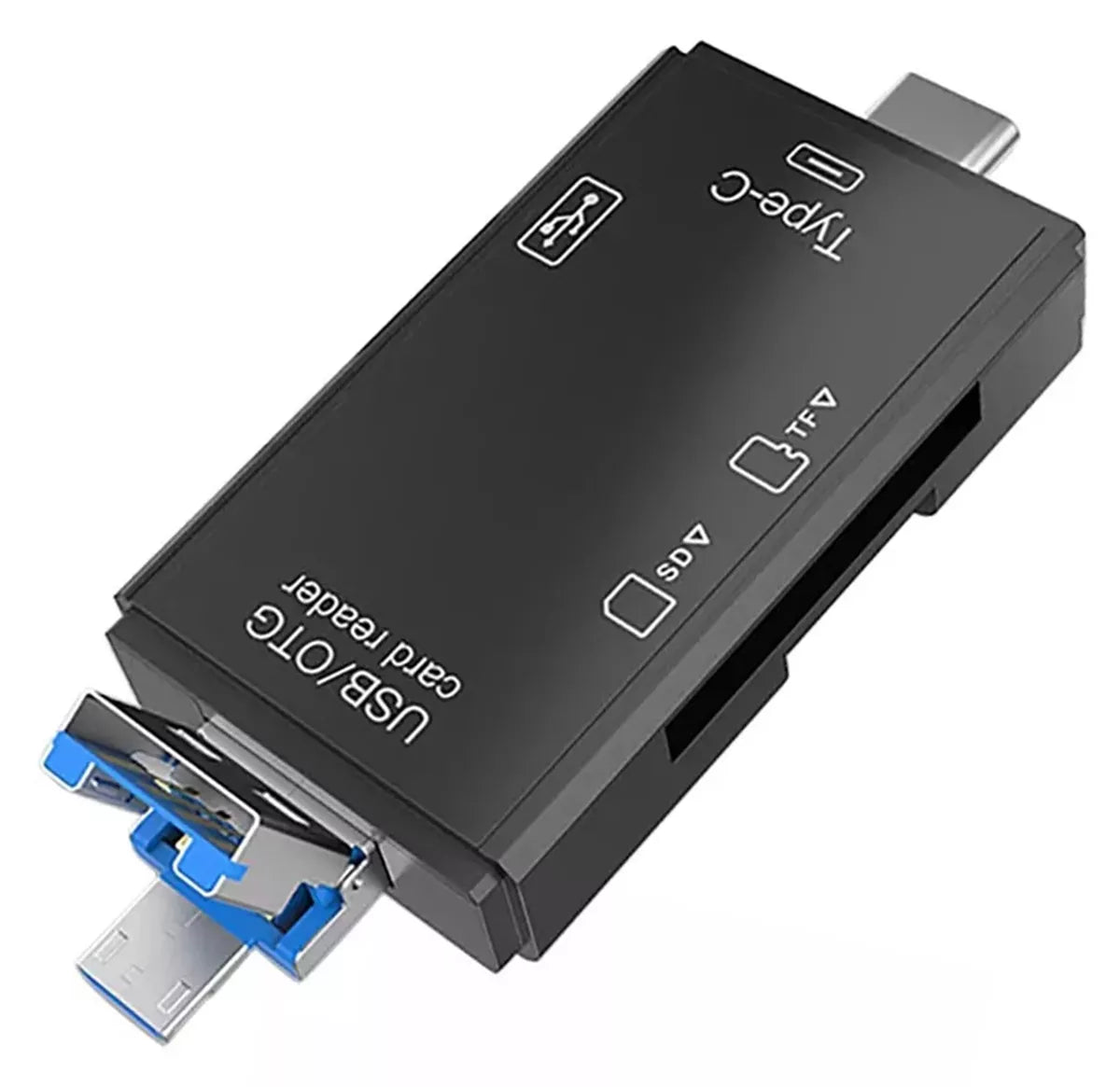 Universalus atminties kortelių skaitytuvas su USB 3.0, USB-C ir micro-USB jungtimis, skirtas failų peržiūrai ir perkėlimui.