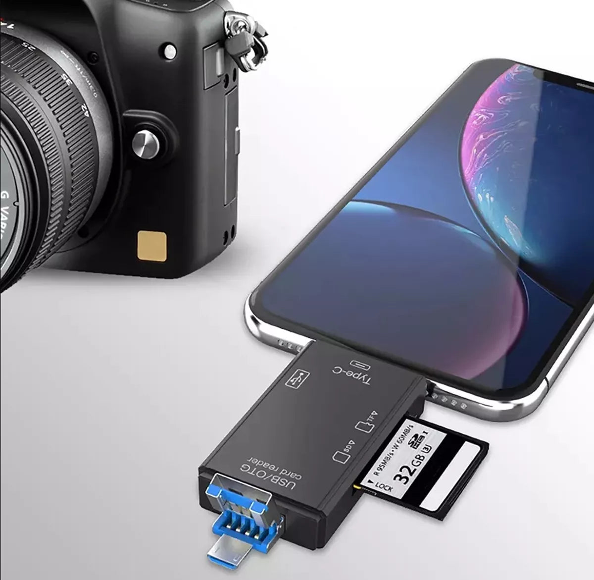 Universalus atminties kortelių skaitytuvas su USB 3.0, USB-C ir micro-USB jungtimis, skirtas greitam duomenų perdavimui.