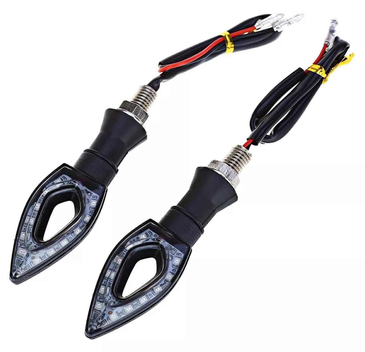 Universalūs LED posūkių rodikliai motociklams, strėlės formos, 12V, aiškiai matomos ir apšviestos.