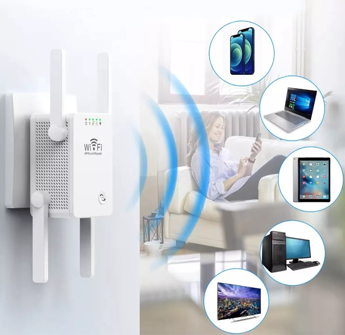 WiFi signalo stiprintuvas su 4 antenomis ir 300 Mbps spartumu, padidina bevielio interneto signalą namuose ar biure.