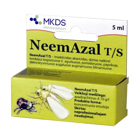 NeemAzal biologinis insekticidas ir akaricidas, 5 ml buteliukas su natūraliu Neem ekstraktu, naudoti augalų apsaugai.