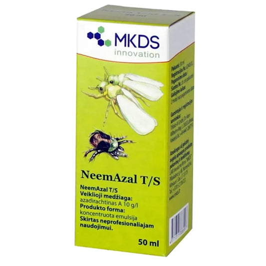 NeemAzal 50 ml natūralus bioinsekticidų purškalas, skirtas augalų apsaugai, rodomas butelis ir etiketė.