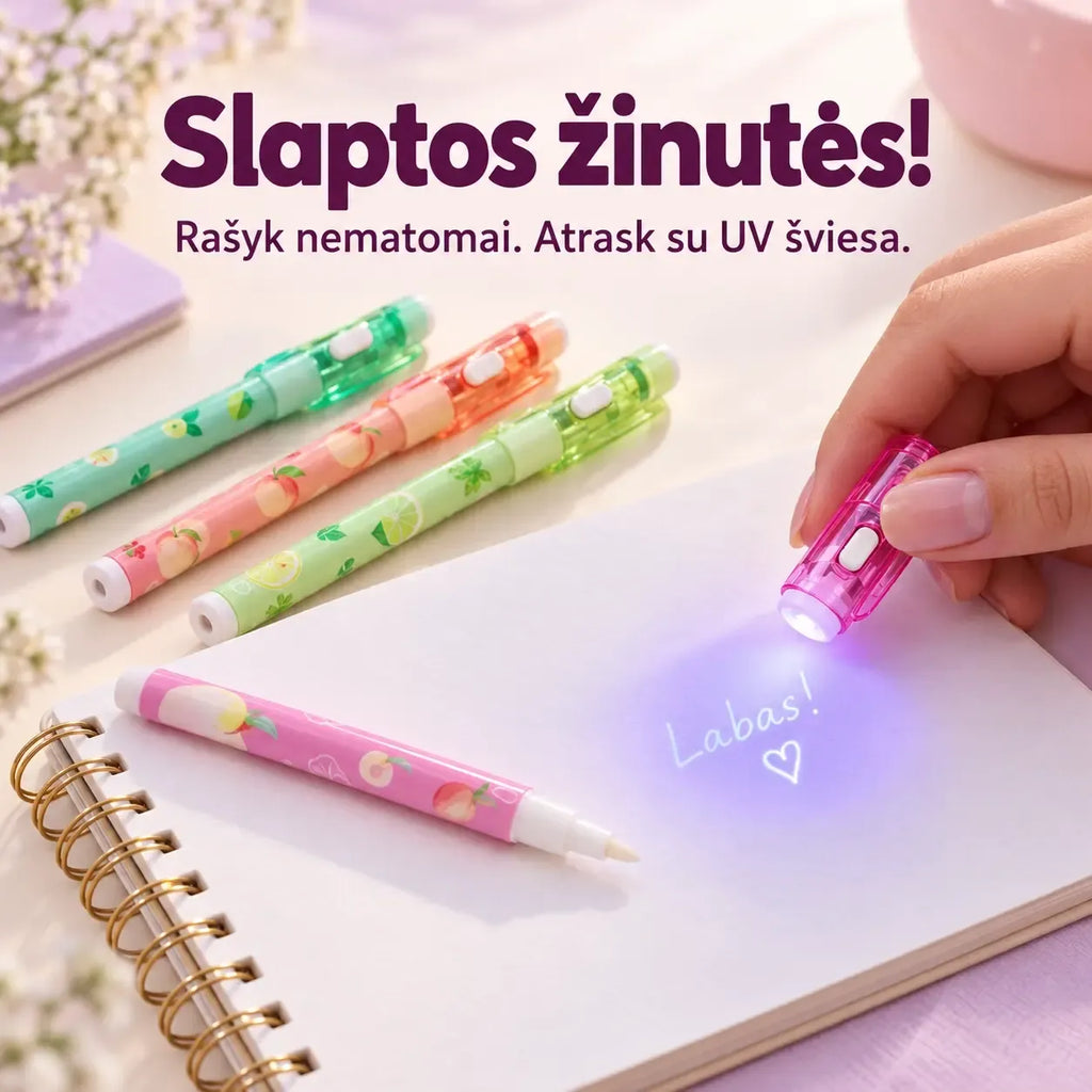 Nematomo rašalo rašiklis su UV lempute slaptoms žinutėms rašyti
