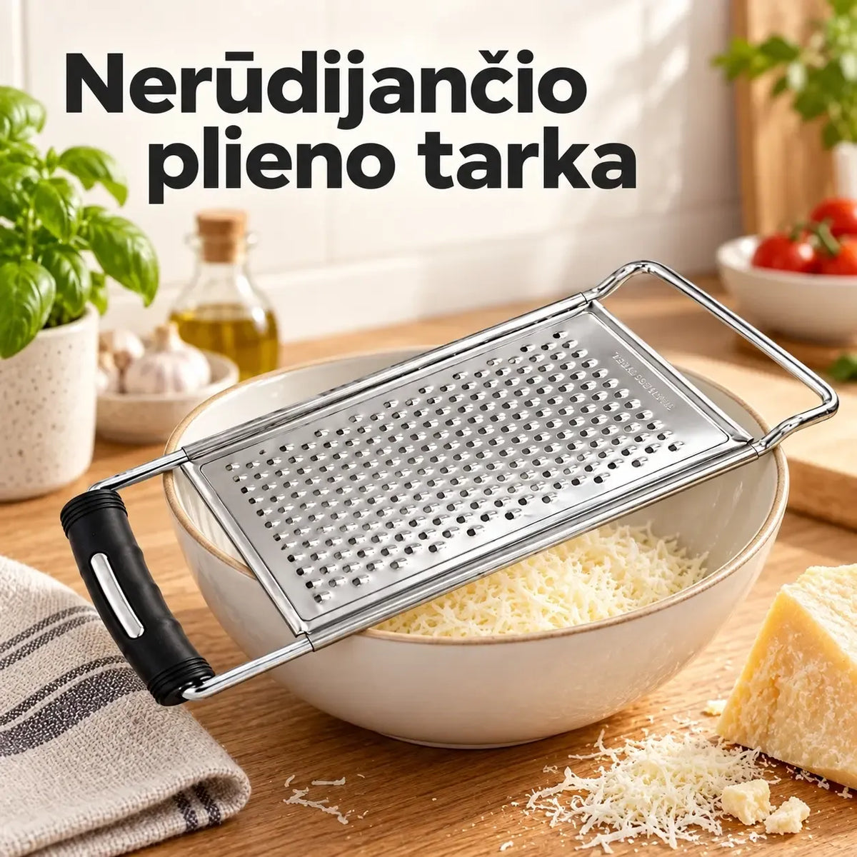 Nerūdijančio plieno vaisių ir daržovių tarka, su smulkiais ašmenimis, naudojama tarkuoti vaisius ir daržoves.