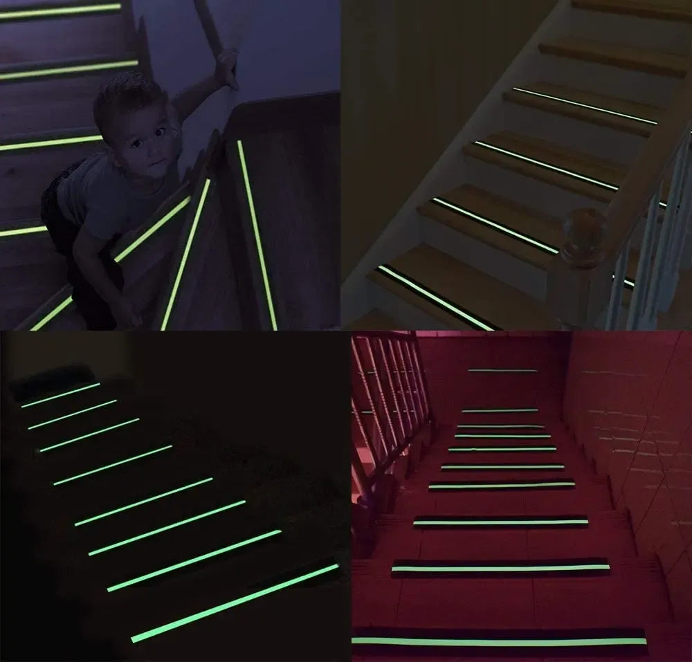 Neslydinti laiptų juosta su fluorescencine juostele, saugumui ir matomumui laiptų pakopose, geltona ir juoda spalvos.