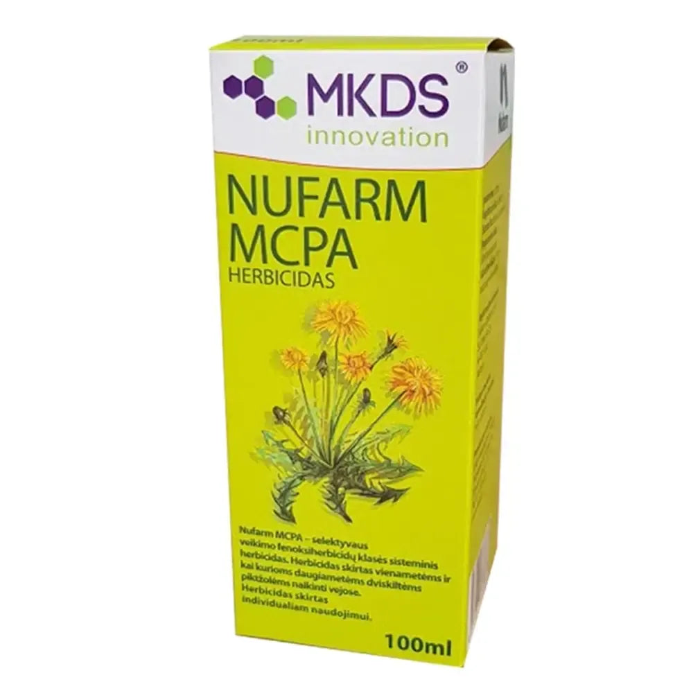 Nufarm MCPA herbicidas vejai, 100 ml, mažo dydžio buteliukas su skaidriu skysčiu ir etiketėmis, skirtas piktžolių naikinimui.