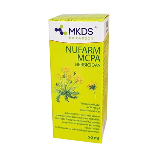 Selektyvus herbicidas Nufarm MCPA 50 ml, skaidrus skystis buteliuke, skirtas piktžolių naikinti žemės ūkyje.