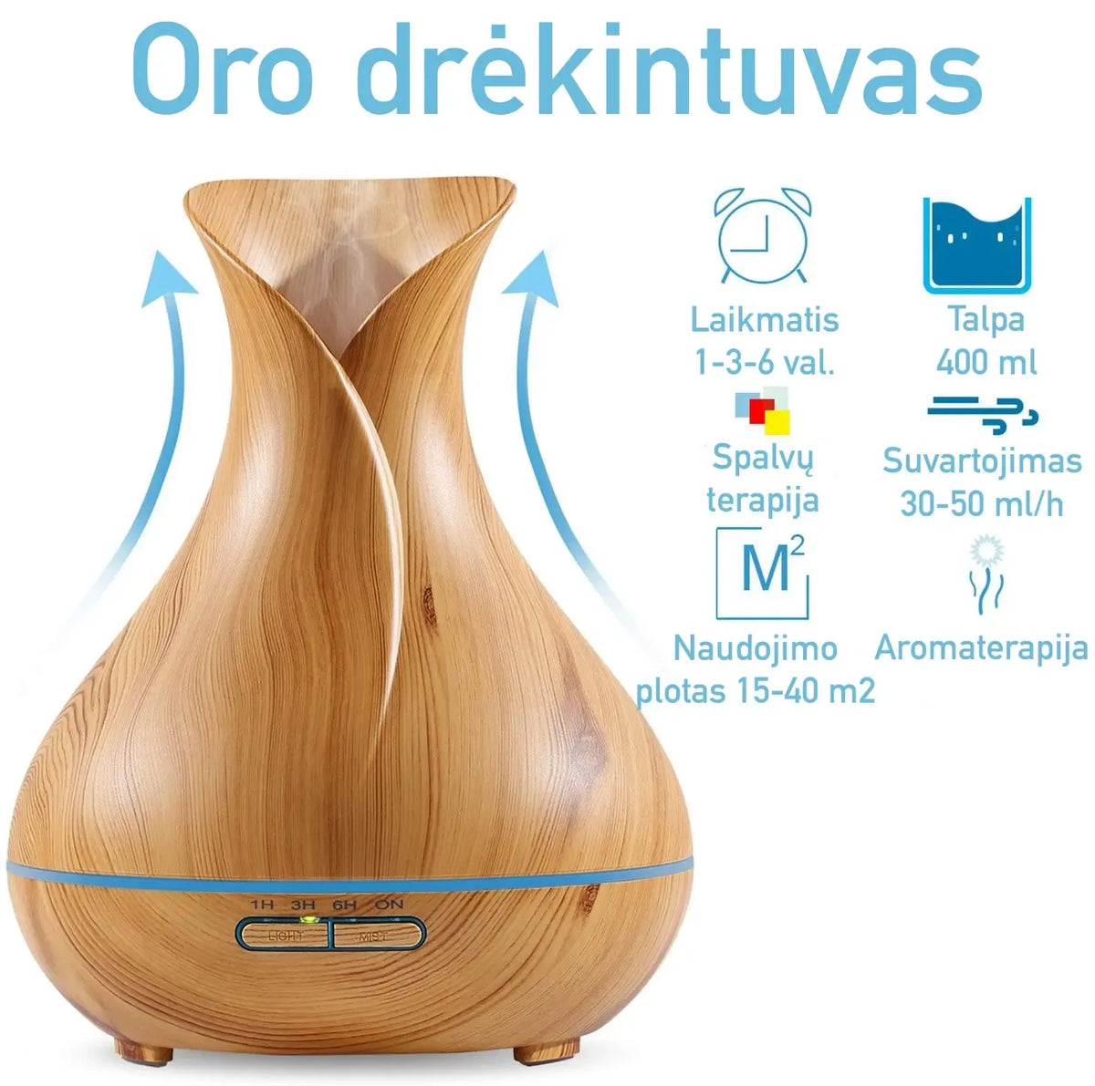 Ultragarsinis oro drėkintuvas ir eterinių aliejų difuzorius su geltonu LED apšvietimu, modernus namų oro drėkinimo sprendimas.
