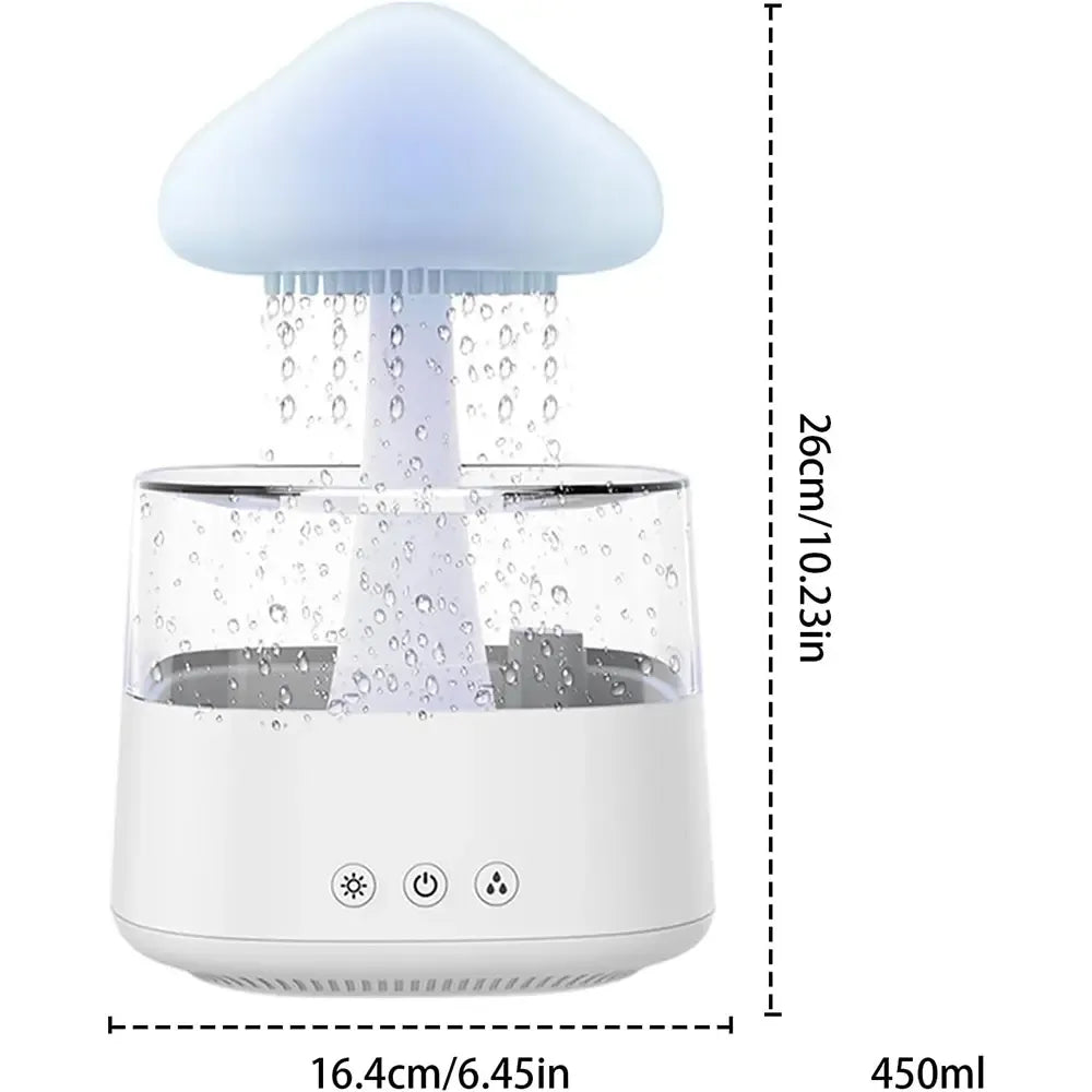 Išmanusis oro drėkintuvas „Rain Cloud“ su LED apšvietimu ir belaide kolonėle, matoma šviesos ir drėkinimo funkcijos.