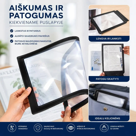 A4 formato padidinimo stiklas su didinančia funkcija, skaidrus ir patogus naudoti studentams ir biuro darbams.