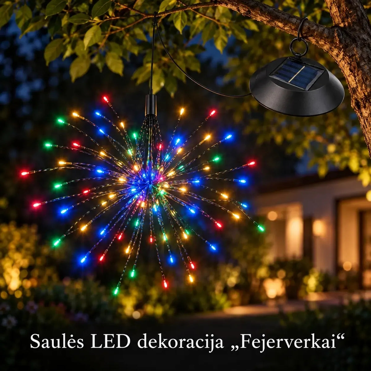 Pakabinama saulės LED dekoracija „fejerverkai“, įvairiaspalvės šviesos, lauko apšvietimui, dekoratyvinis apšvietimas.