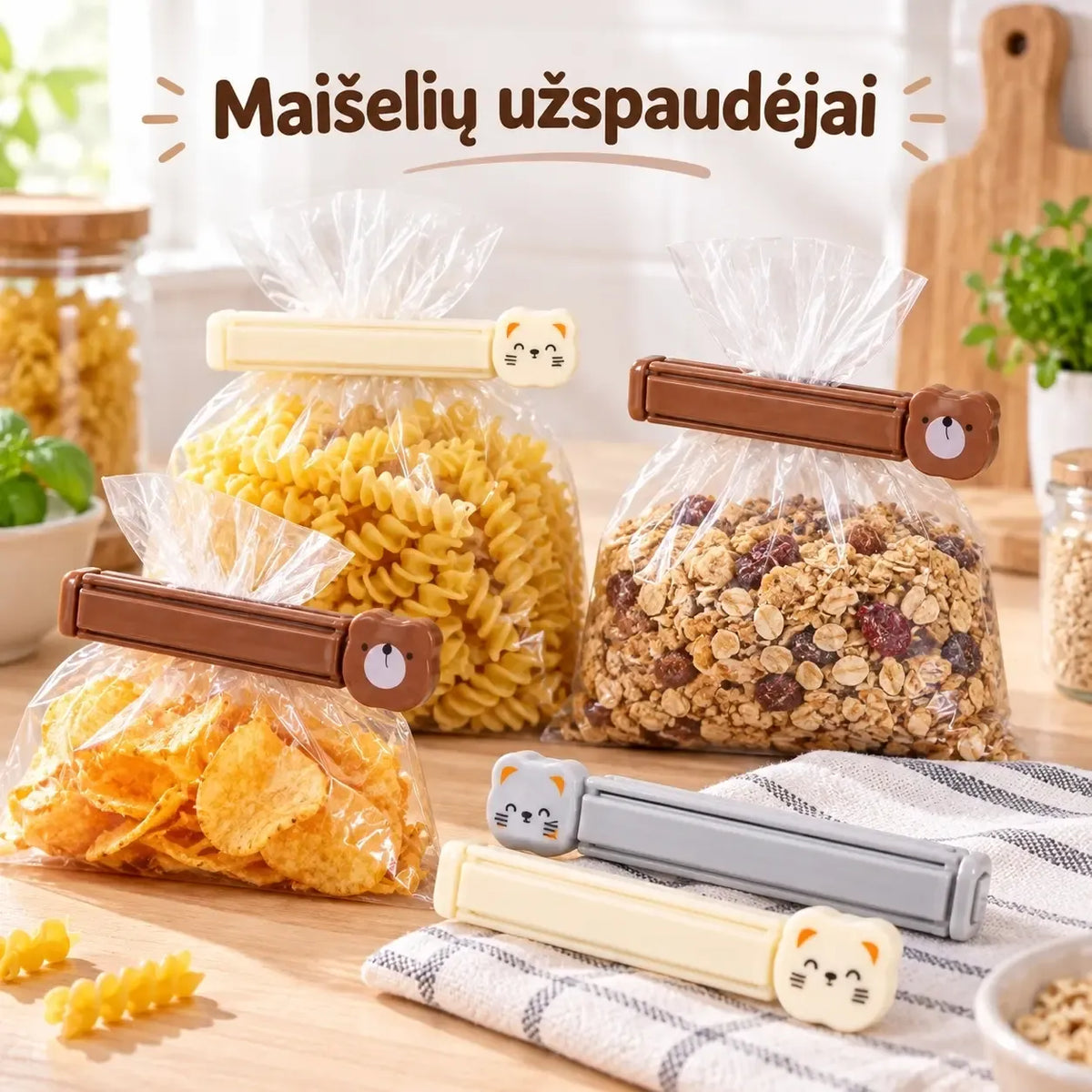 Penkių pakuočių spaustukų rinkinys, plastikiniai ir metaliniai spaustukai, tinka sandarinti ir saugiai uždaryti pakuotes.